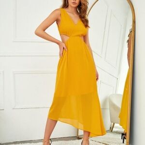 SHEIN Viola L Cut Out Waist Asymmetrical Hem Dress - Mustard Yellow